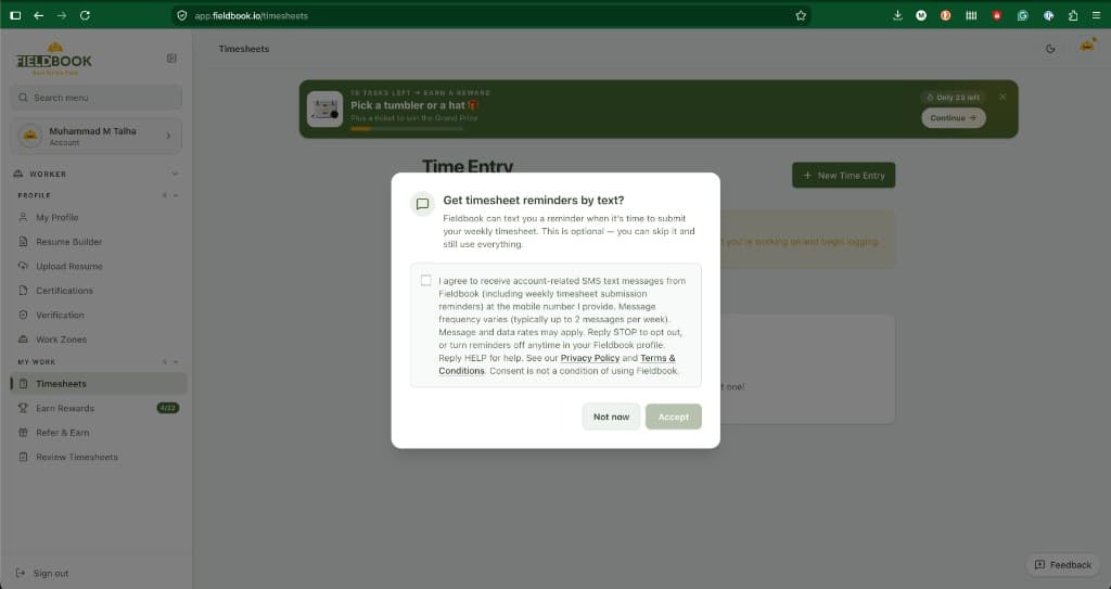 Fieldbook SMS opt-in modal on the Timesheets page showing an unchecked consent checkbox, disclosure text, Privacy Policy and Terms links, and Not now / Accept buttons